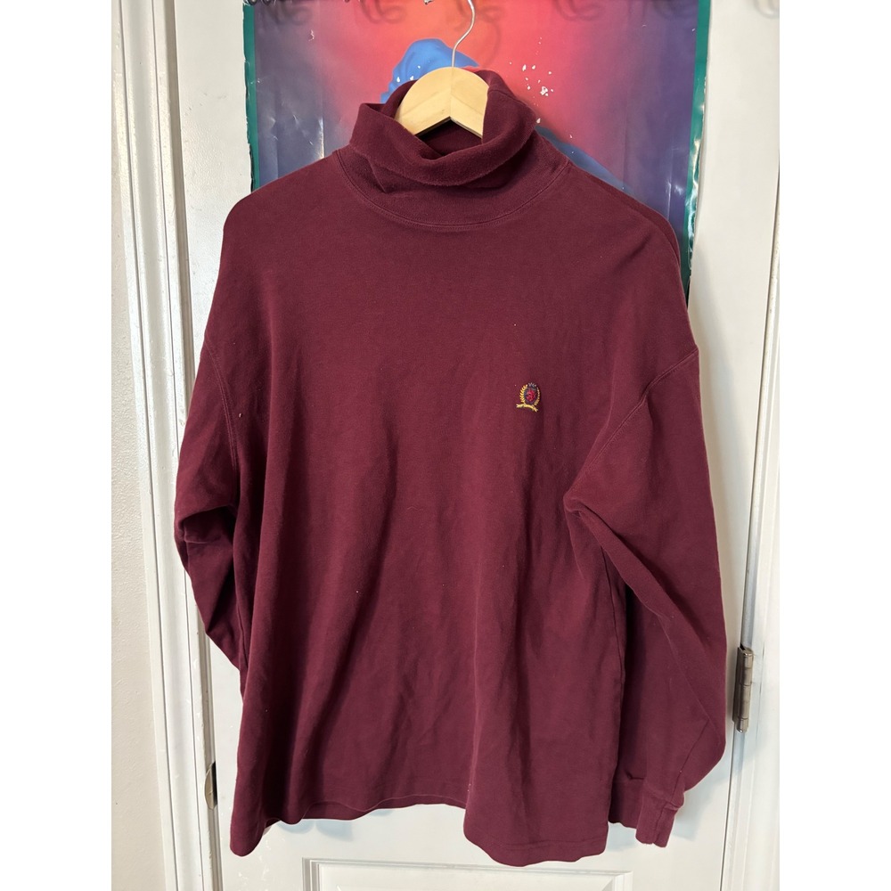 Vintage Tommy Hilfiger Turtleneck Shirt Mens Large Burgundy Maroon Cotton Crest